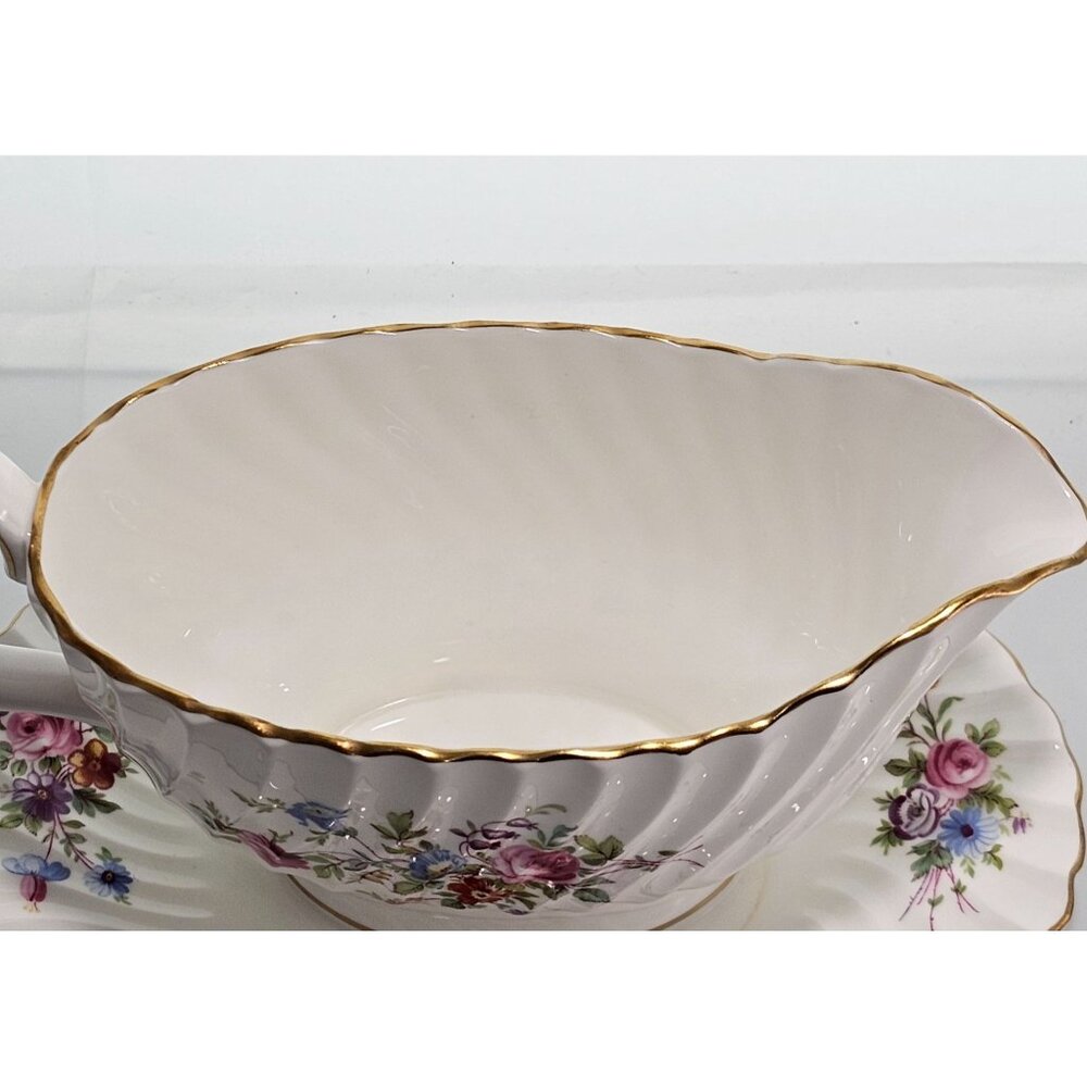 Minton Marlow Floral Gravy Boat Attached Underplate vtg Globe backstamp1950s ros - Picture 4 of 12